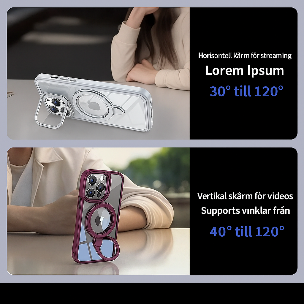 systerklara – Magnetiskt genomskinligt skal med dubbla ställ för iPhone 17/16/15/14-serien